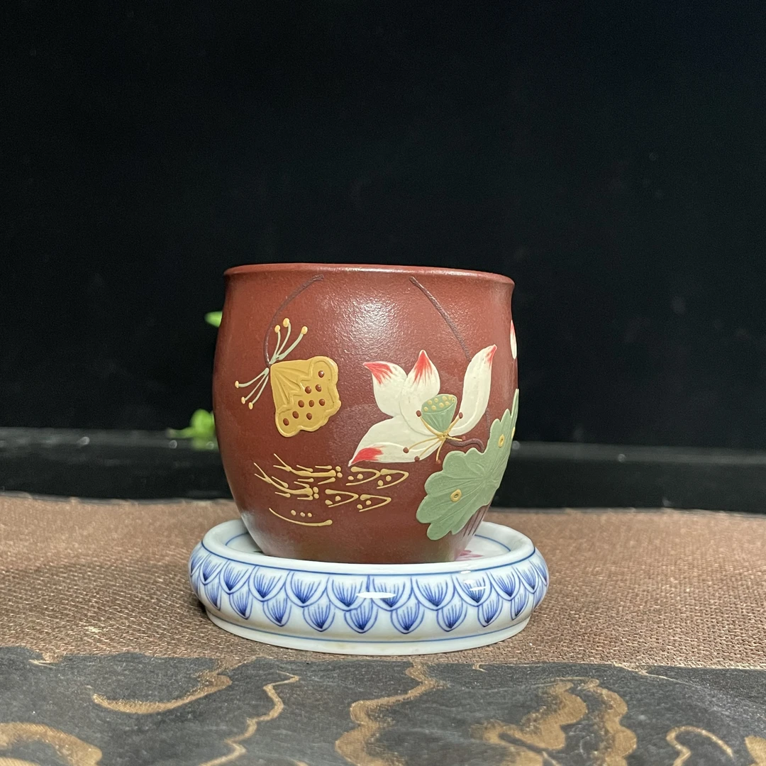 A003宜兴原矿紫砂朱泥手工泥绘荷花主人品茗杯150毫升大容量