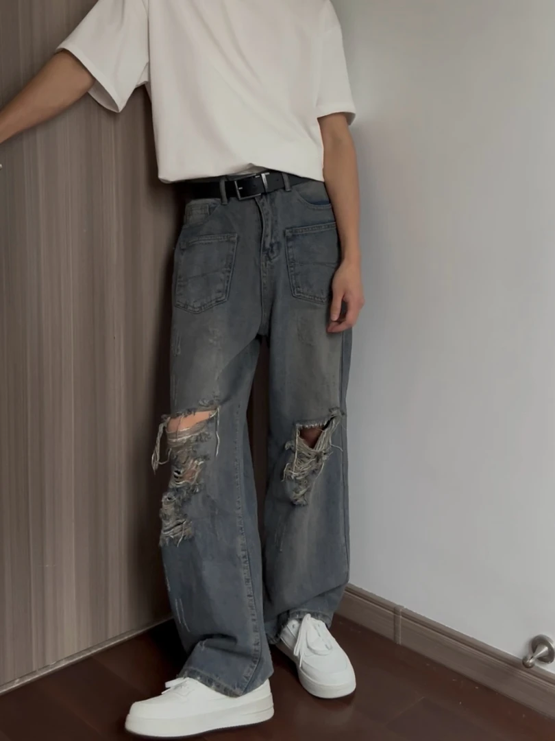 美式破洞复古宽松阔腿长裤男春秋百搭设计感潮流百搭休闲牛仔裤