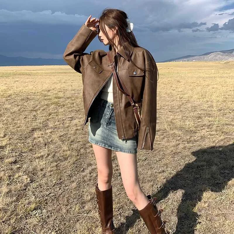 棕色皮衣外套女2025春秋新款美拉德美式复古pu