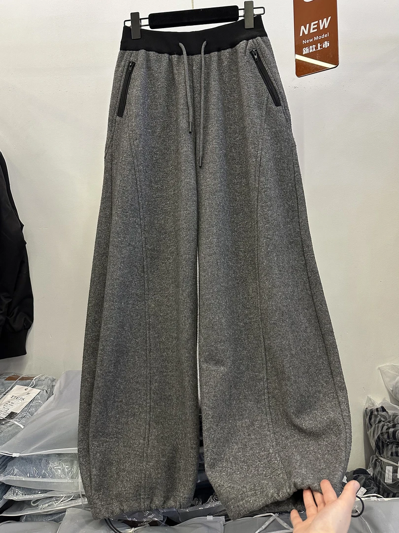 高端欧货冬季新款抽绳松紧高腰显瘦宽松高级感加绒加厚阔腿卫裤女