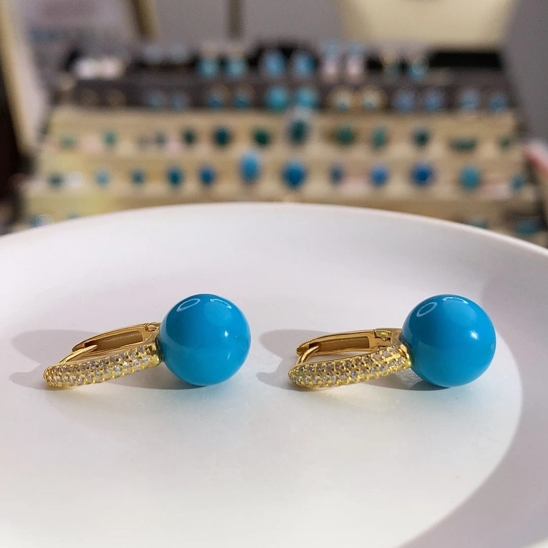 银S925镀金镶嵌绿松石睡美人耳扣