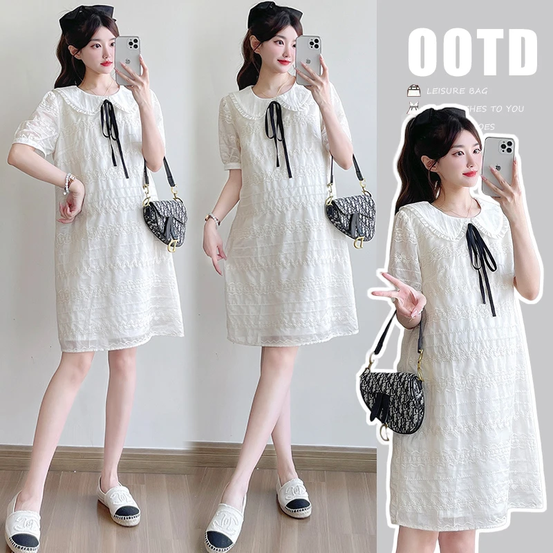 2025夏季新款法式甜美可爱白色娃娃领小个子孕妇连衣裙蕾丝显瘦裙