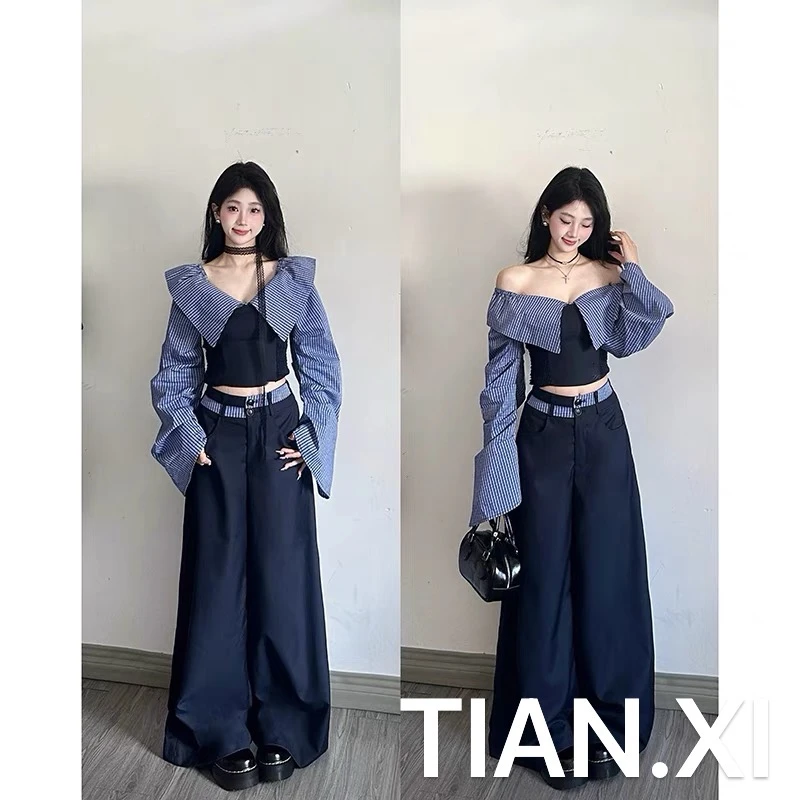 添禧家：早春新款时尚学院风清新拼接条纹上衣+裙子+裤子套装