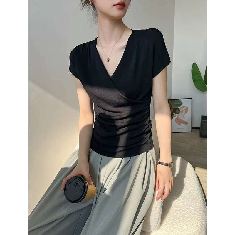 XIAO SISTERS/筱姐妹A067不规则交叉领短袖小众设计感收腰褶皱T恤