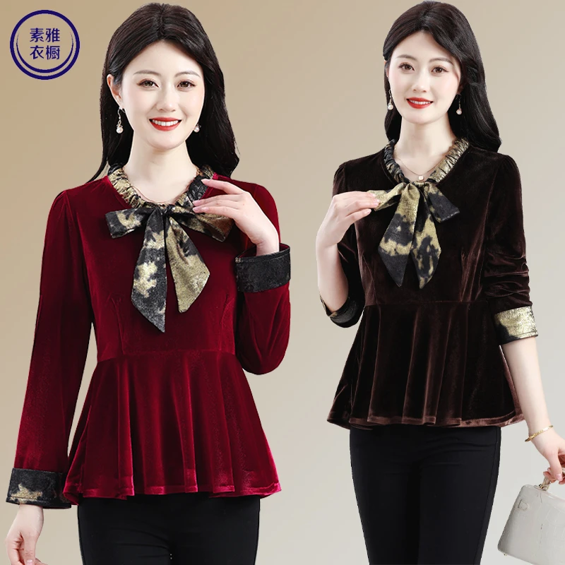 中年妈妈金丝绒打底衫女士秋装新款高端洋气长袖衬衫气质飘带上衣
