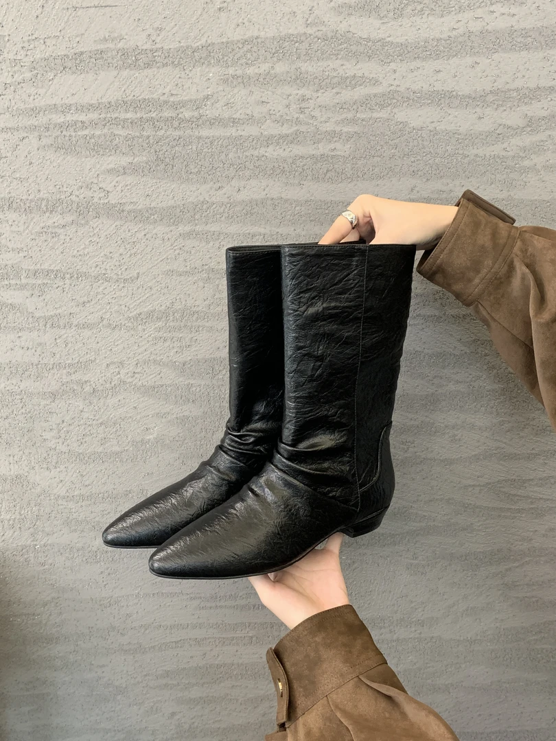 2025百搭双11设计尖头中桶骑士靴显瘦短靴小众复古短筒靴牛仔靴女