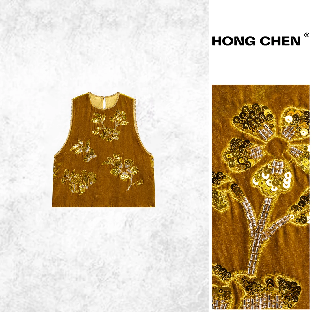 【虹辰·金枝玉叶】高端时尚丝绒钉珠绣花背心圆领刺绣马夹HC2886