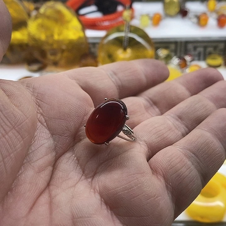 血珀裸石银S925镶嵌戒指