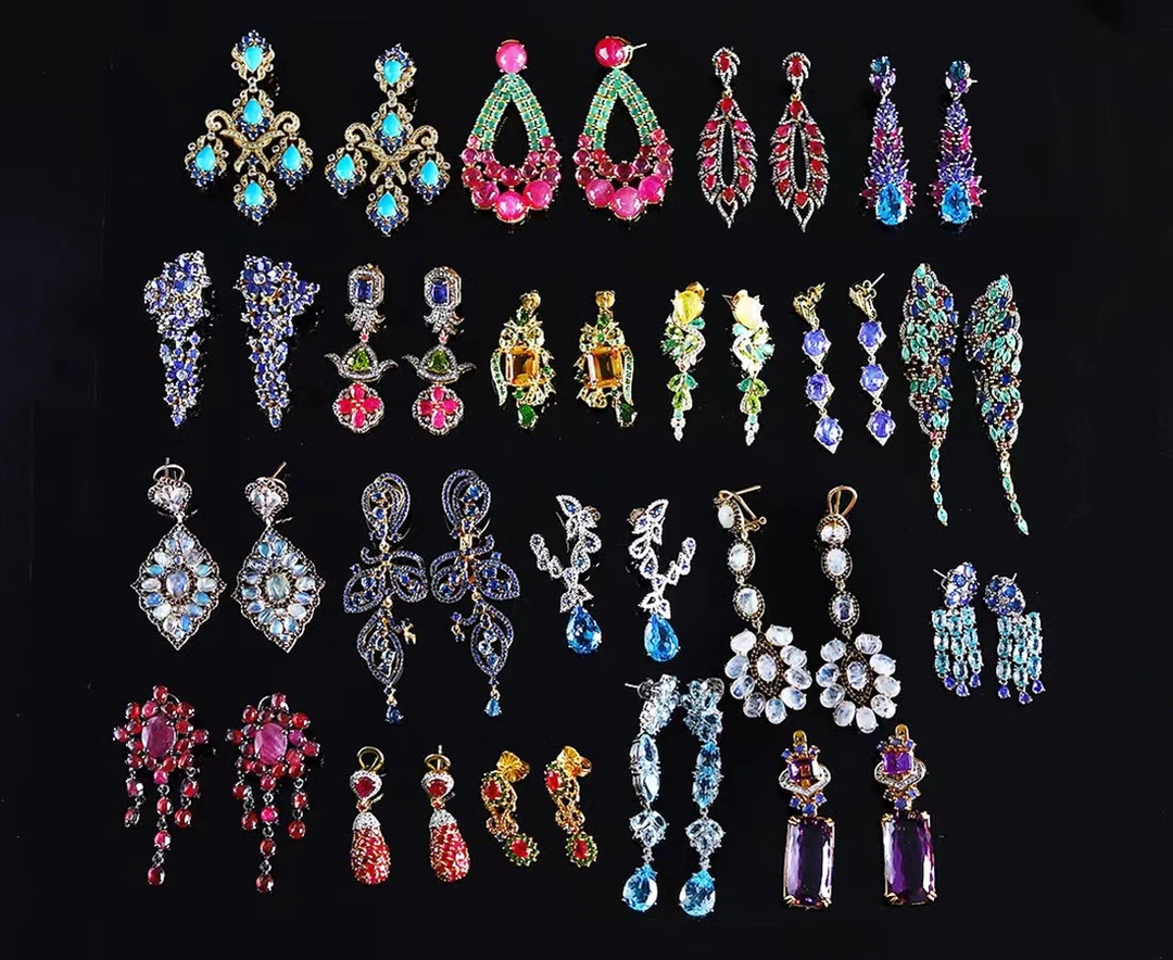 复古风百搭泰国复古红宝石水晶耳钉欧美原创设计耳饰长款