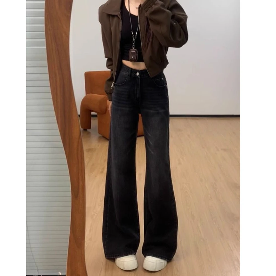 黑灰色微喇阔腿牛仔裤女2025年新款美式复古高腰显瘦不贴腿拖地裤