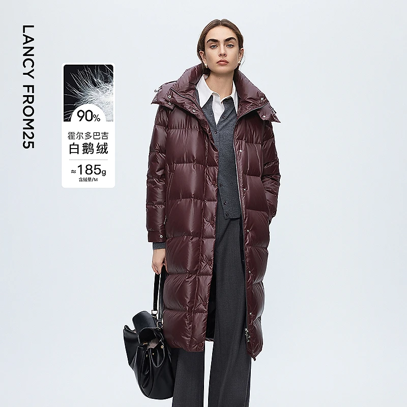 朗姿霍尔多巴吉白鹅绒可拆卸帽子长款直筒羽绒服女2025年冬季新款