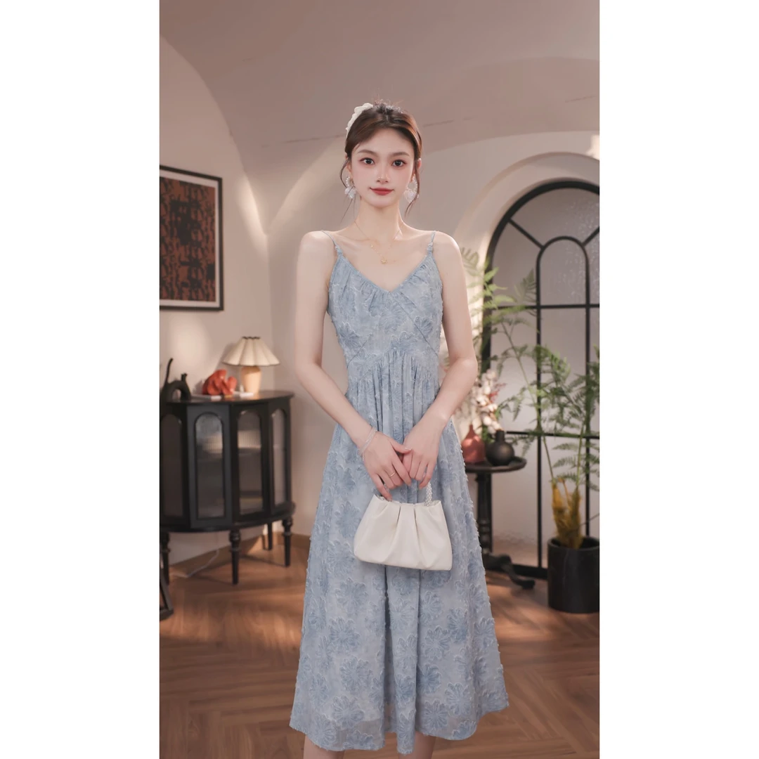 WBR【温莎海湾】新款蓝色提花收腰显瘦设计感气质连衣裙