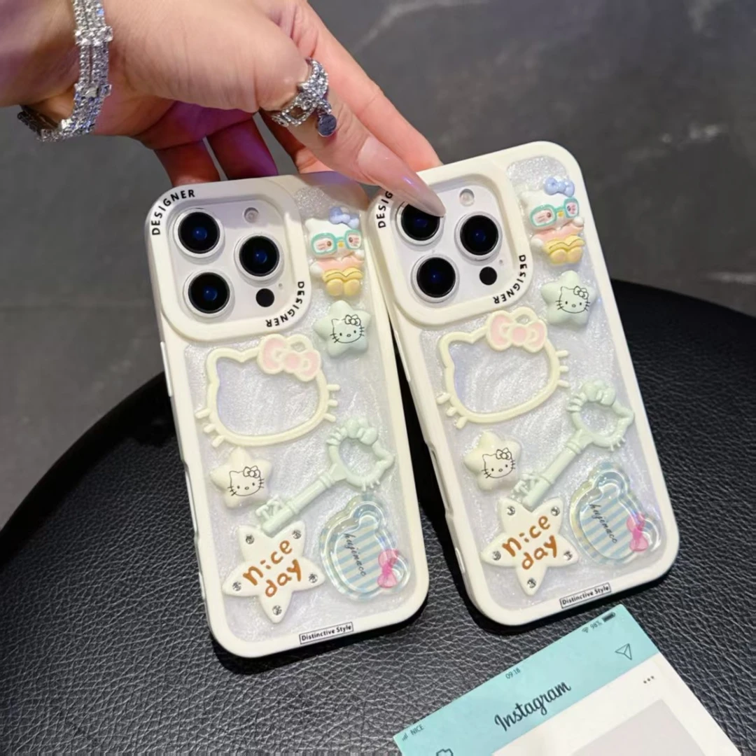 苹果白边星星镂空KT猫适用苹果15promax手机壳简约16promax新款防