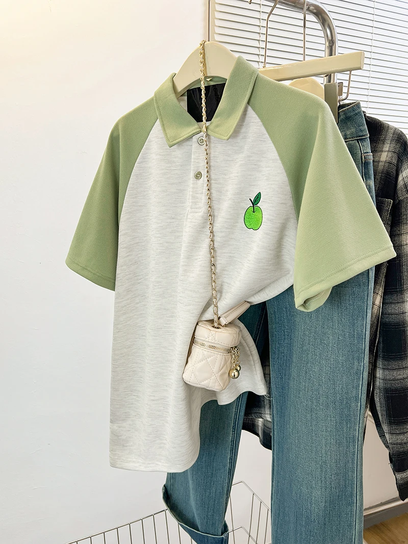 小清新绿色青苹果刺绣POLO衫短袖T恤女插肩袖ins韩系oversize上衣
