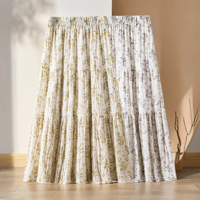 清新碎花半身裙女2025新款春夏季松紧高腰褶皱中长款雪纺蛋糕裙子