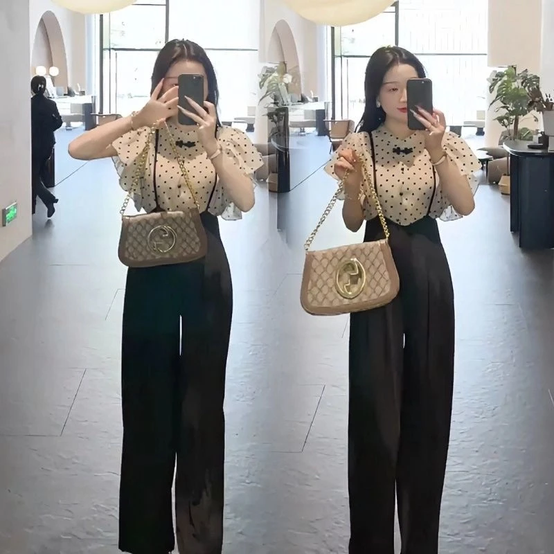 2025新款小香风波点减龄衬衫女上衣短袖百搭显瘦背带阔腿裤