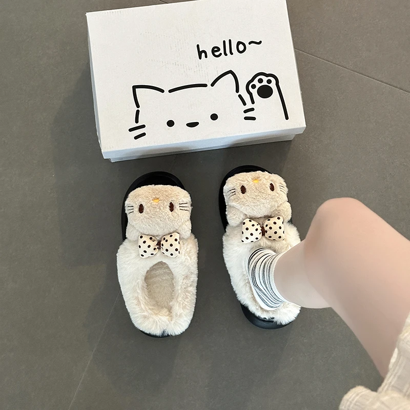 时尚简约可爱卡通小猫毛毛拖鞋女2025秋冬新款厚底加绒保暖棉拖鞋