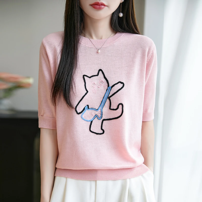 高端时尚刺绣针织T恤甄选精纺超细羊毛夏季半袖 春夏百搭薄款短袖