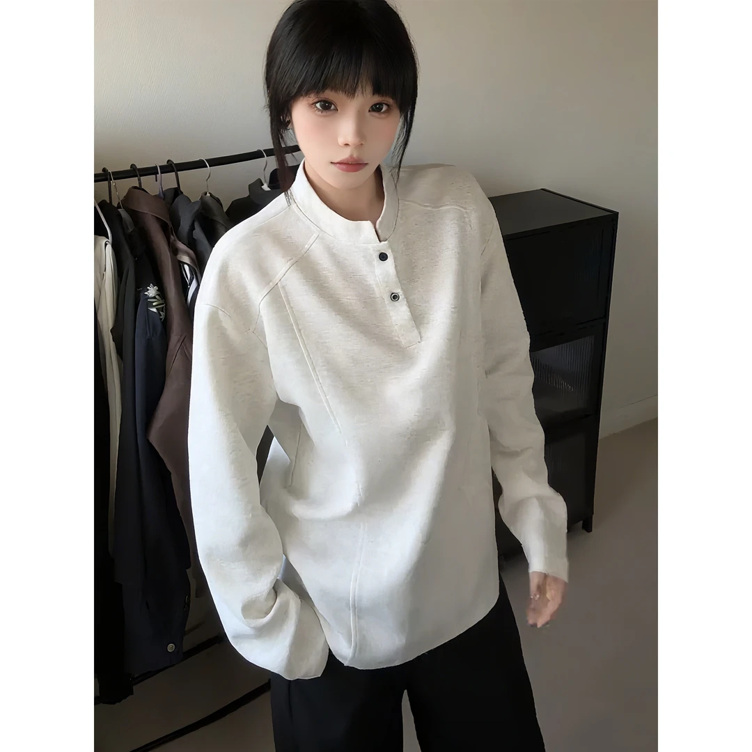 日系复古亨利领正肩重磅长袖t恤男款春秋潮牌痞帅宽松情侣打底衫