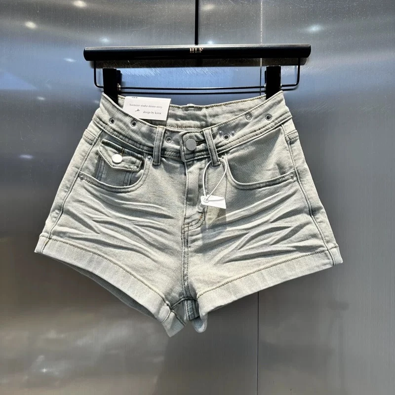 美式辣妹牛仔短裤女2025秋季新款小个子弹力抽褶性感包臀超短热裤