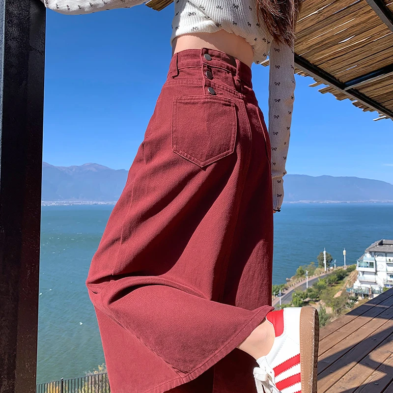 安可拉红排扣高腰牛仔半身裙女春夏2025新款中长款开叉显瘦裤子