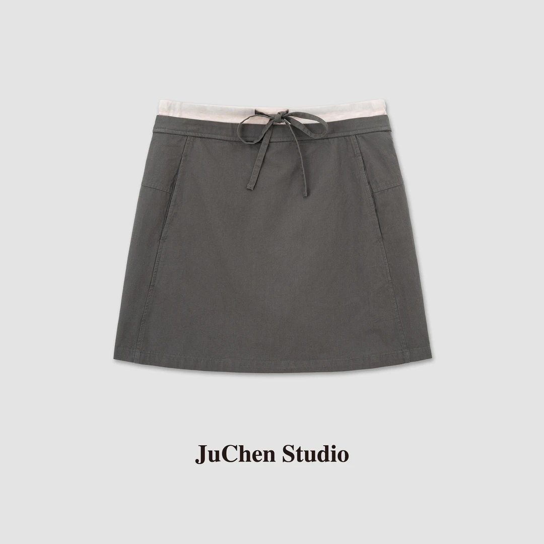 夏季水洗亚麻棉趋势剪裁撞色双腰头防走光显瘦半身裙 SS013645