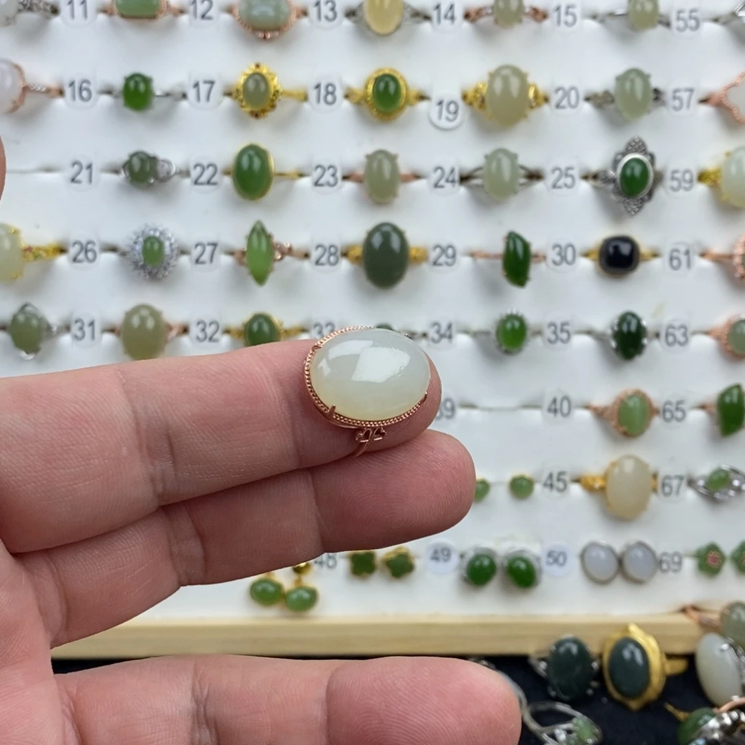 和田玉（青白玉）银S925镀金镶嵌戒指