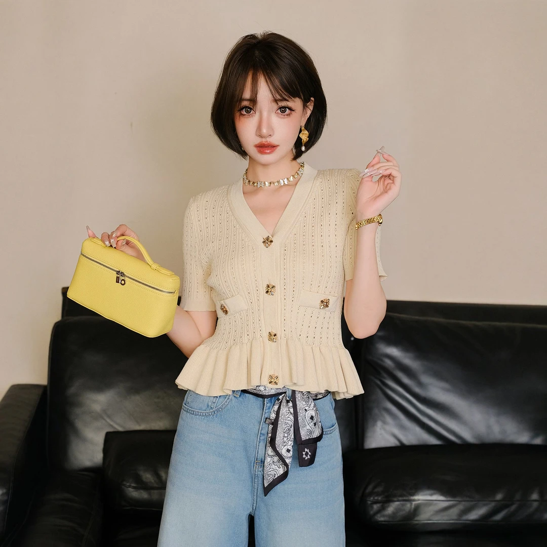 MIUCO女人味V领镂空针织开衫女25早秋氛围感荷叶边短袖掐腰小上衣