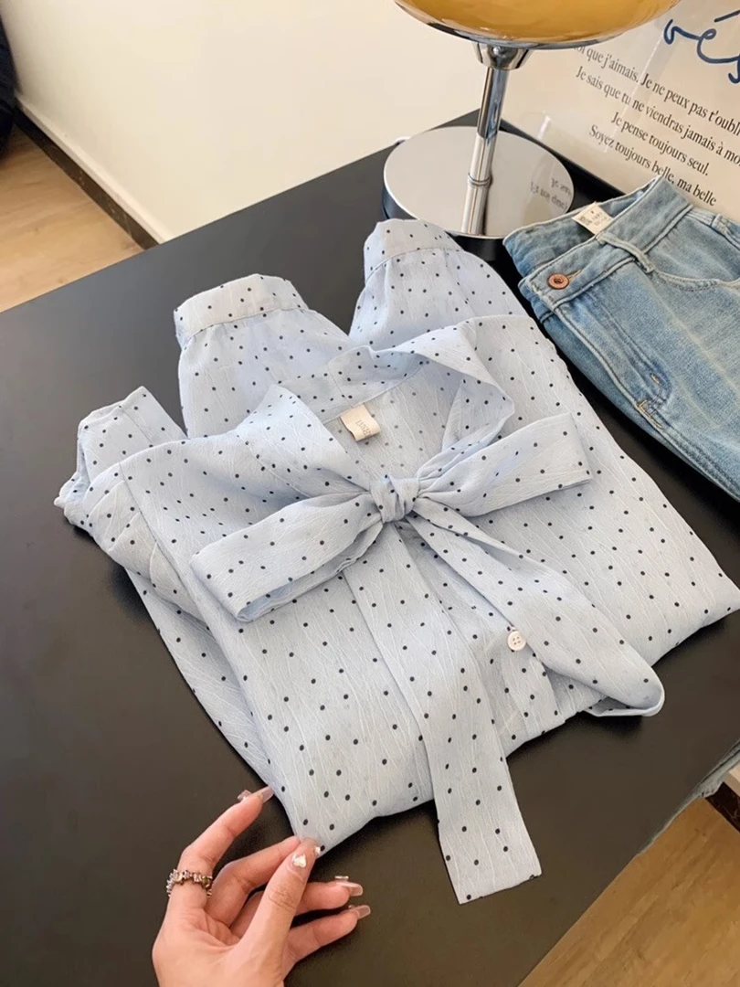 小清新蓝色波点衬衫女早秋季2025新款独特漂亮洋气蝴蝶结长袖上衣