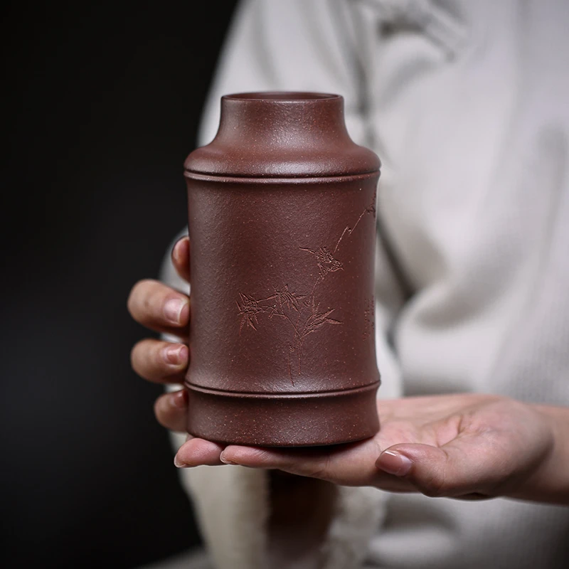 宜兴原矿紫砂杯零添加4号井老紫泥杯刻绘插花器大号480cc聚香杯