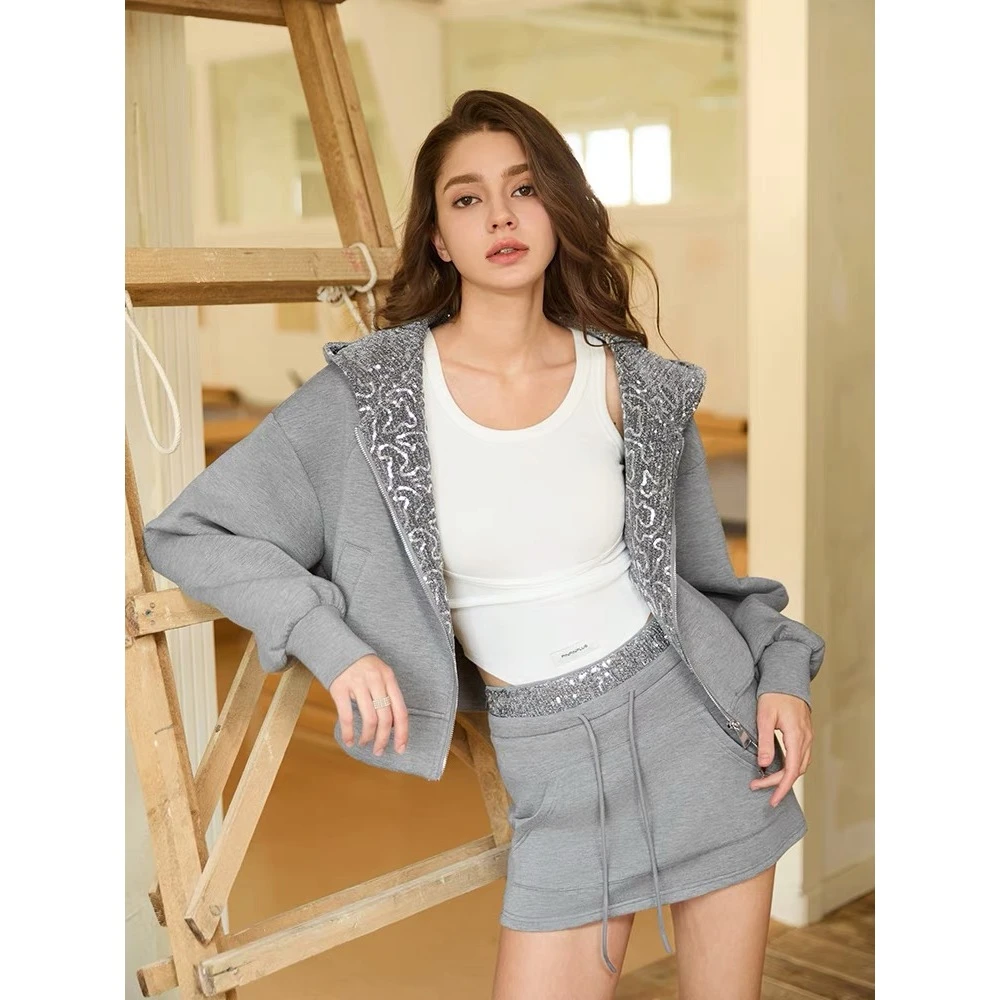 「PINPINPLUS」PP+复古摩登感珠片连帽休闲运动卫衣外套8A87121KP