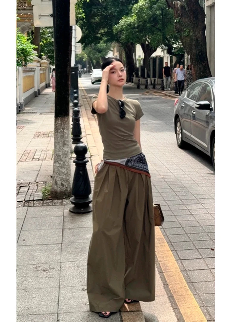 【Dmm】 夏季新款配丝巾圆领短袖T恤高腰阔腿长裤女套装慵懒风穿搭