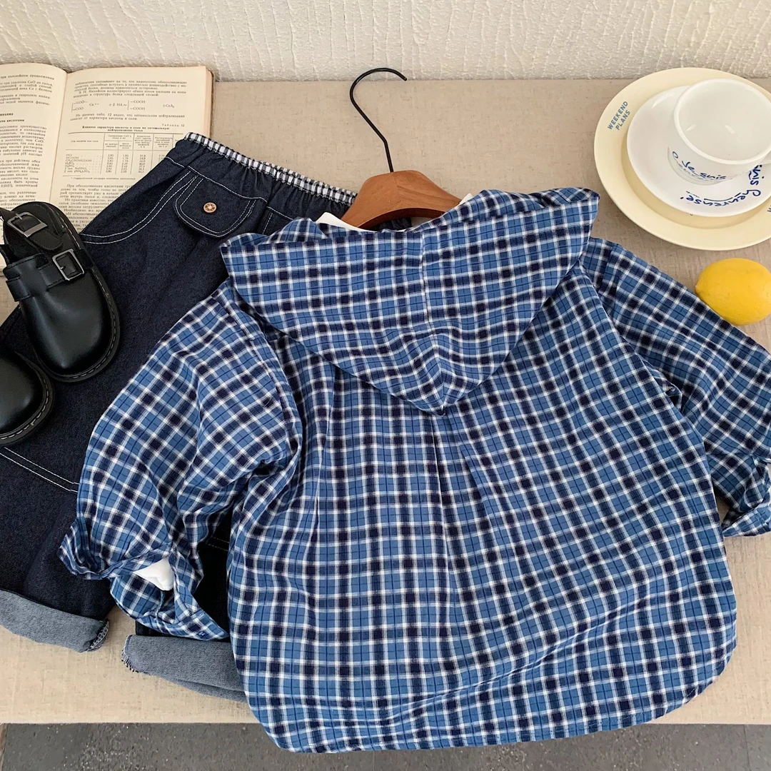 凯翔儿童连帽衬衫上衣2025秋季新款韩版男童格子衬衣宝宝长袖秋装