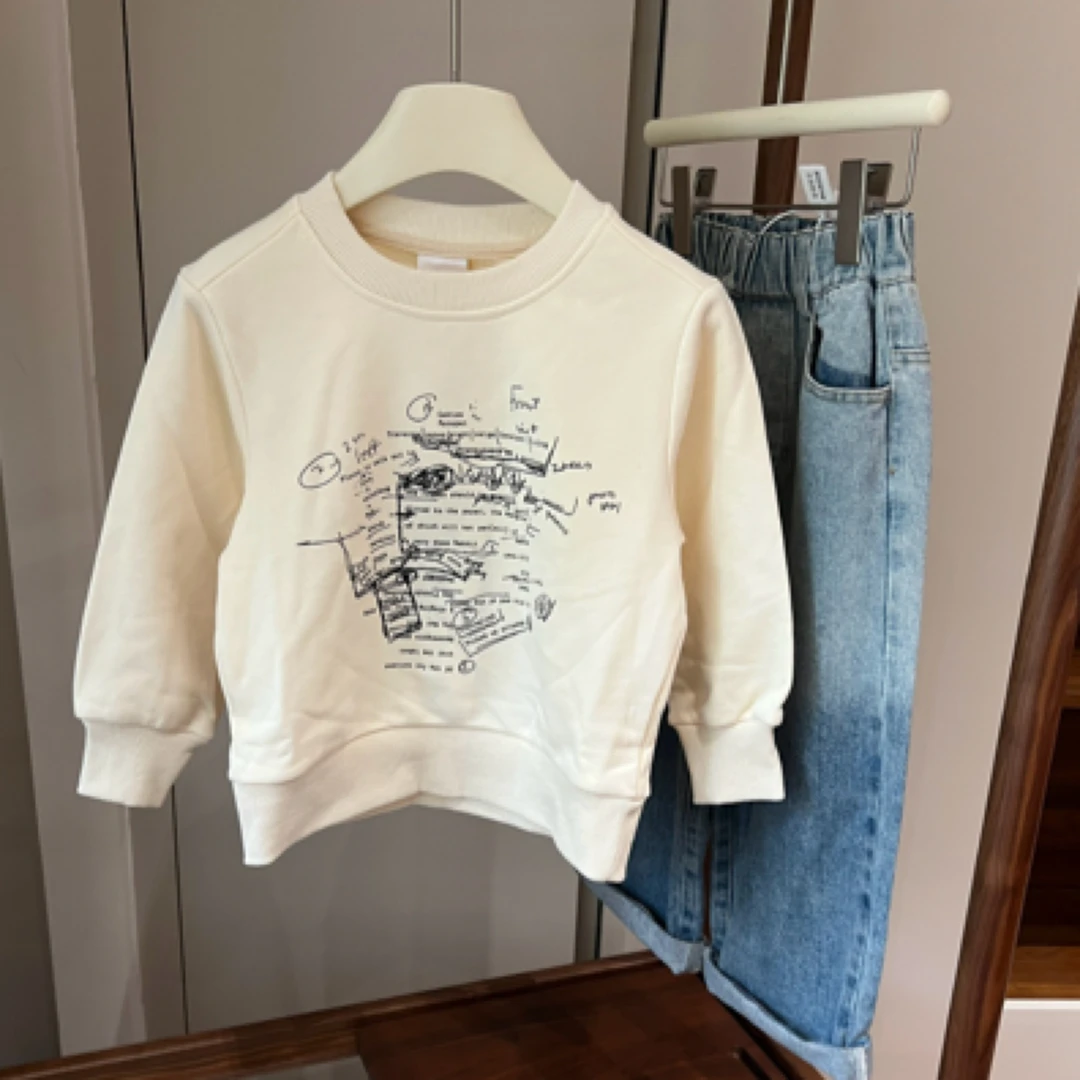 【编号R29】W9011-34-儿童 线条画圆领卫衣 杏色-BC