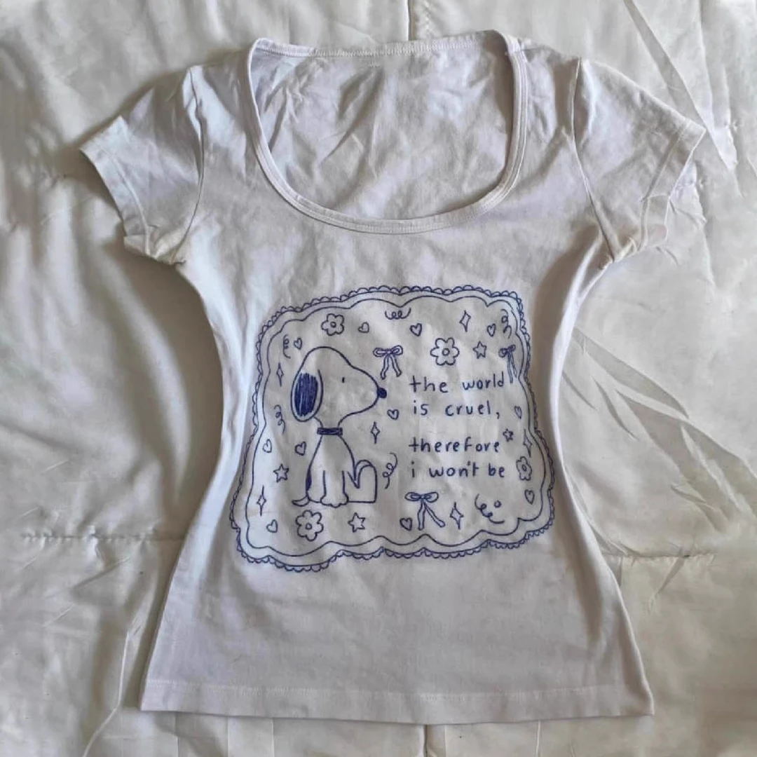 美式复古印花U领短袖t恤女夏季新款辣妹正肩修身显瘦收腰百搭上衣