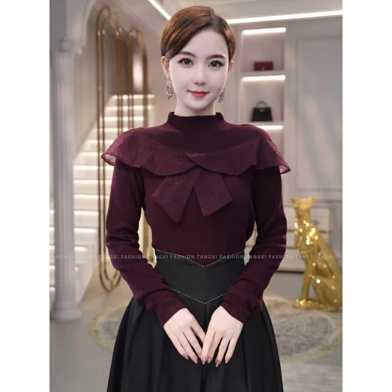 2026年新款【JR-08】含绵羊毛老钱风可外穿紫红色打底针织衫上衣