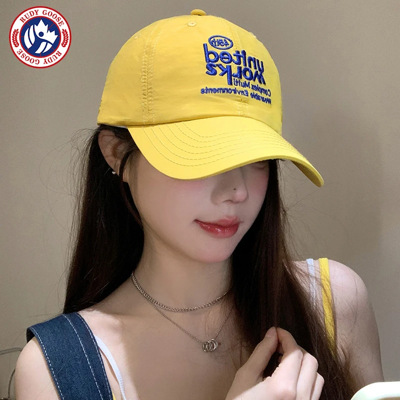 RUDY GOOSE黄色刺绣棒球帽女百搭大头围宽檐显脸小防晒遮阳鸭舌帽