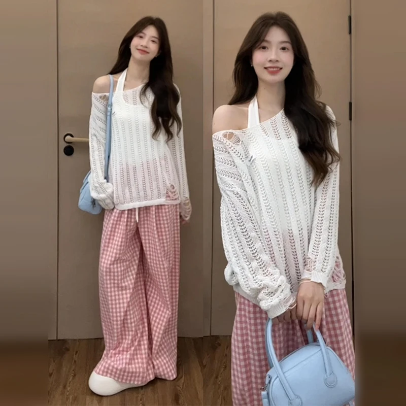 白色一字肩镂空调针织罩衫女夏季新款宽松慵懒外搭薄露肩防晒上衣