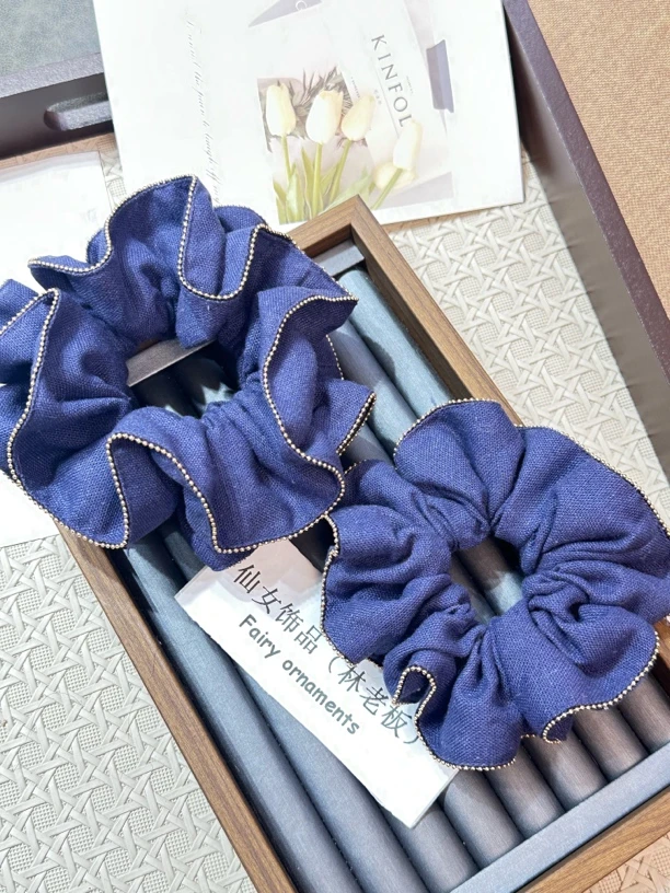 【160】～韩国外贸～藏青色棉麻小金珠边小蛮腰大肠发圈小肠圈