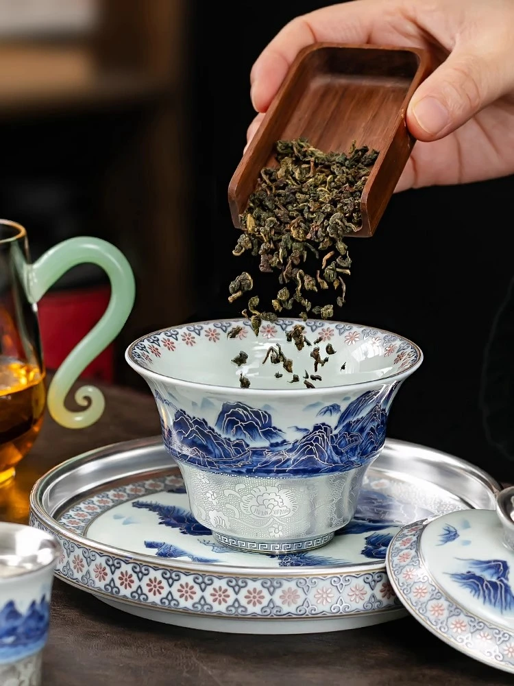 【999足银】鎏银千里江山功夫茶具套装轻奢茶壶盖碗茶杯礼盒装高档