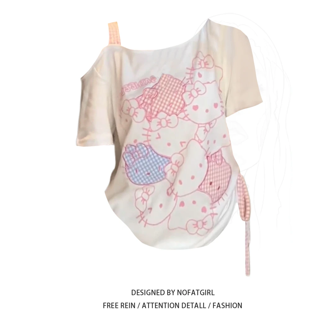 大码胖MM甜辣妹可爱猫咪吊带斜肩短袖t恤女夏季抽褶宽松百搭上衣