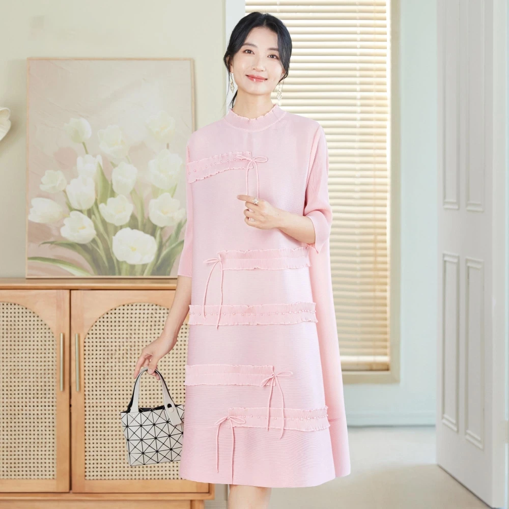 春季新款连衣裙2025新中式气质国风改良连衣裙盘扣蝴蝶结褶皱长裙