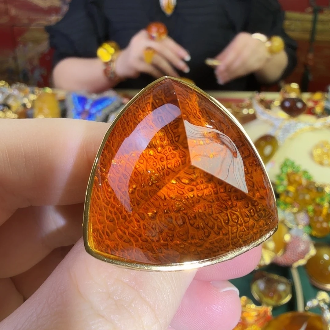 琥珀银S925镀金镶嵌戒指