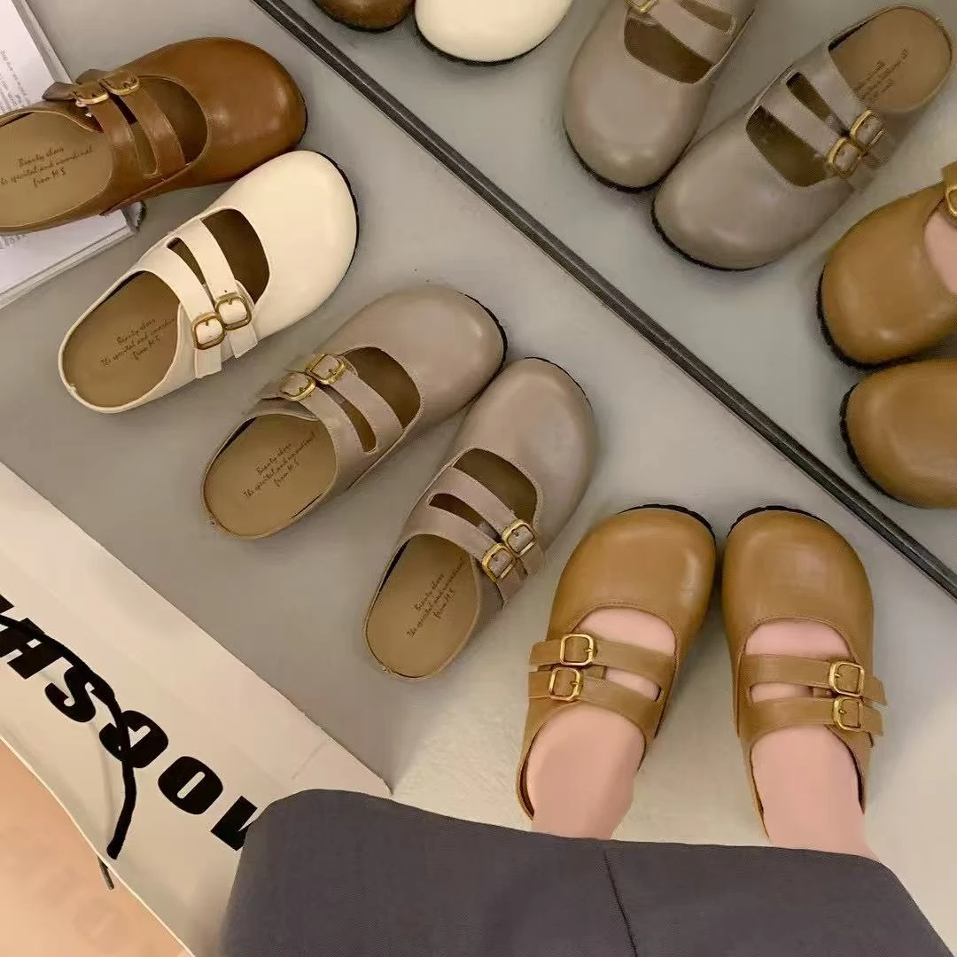 小敏家 清货~就几双 皮面玛丽珍包头拖鞋 复古皮带扣勃肯拖Y09-1