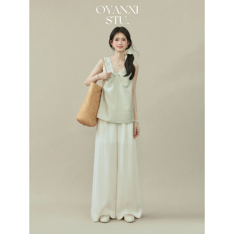 欧阳喜【香草冰淇淋】不规则V领宽松背心扭结无袖套头上衣234B951+