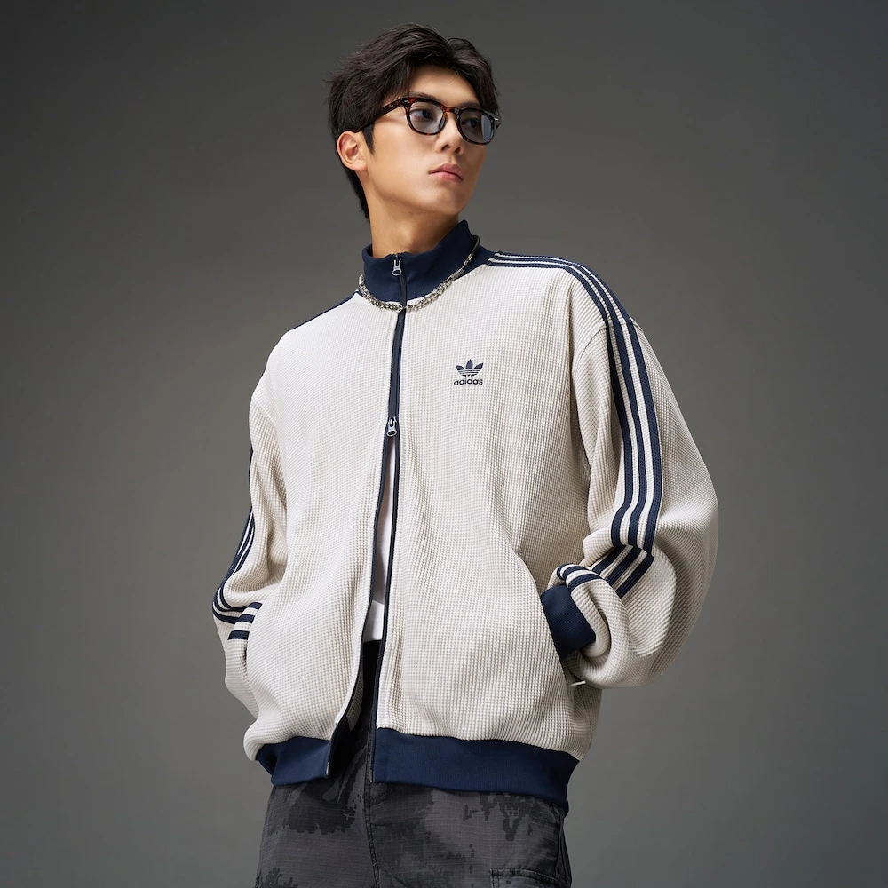 Adidas三叶草KNIT TRACK TOP华夫格立领运动宽松夹克外套 KC2618