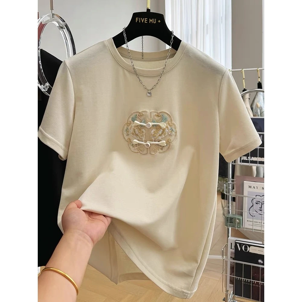 2025宽松百搭特大码纯棉300斤设计感新中式国风复古圆领短袖T恤女