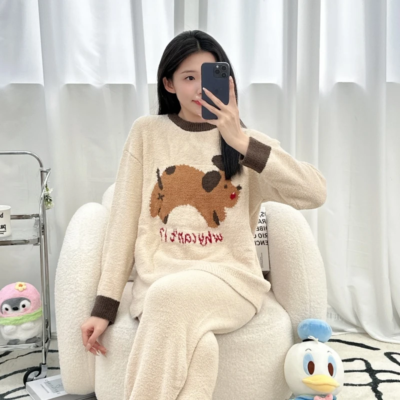 冬季女士绒款长袖半边绒可外穿睡衣舒适保暖加绒加厚女套装家居服