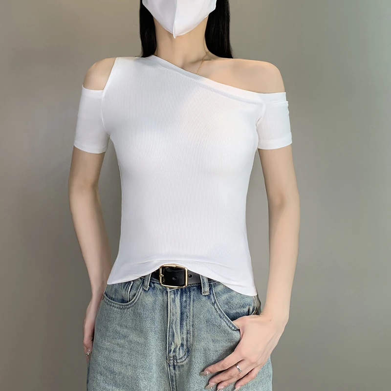 2025夏季新款性感单落肩短袖女设计感修身显瘦性感露肩上衣T恤