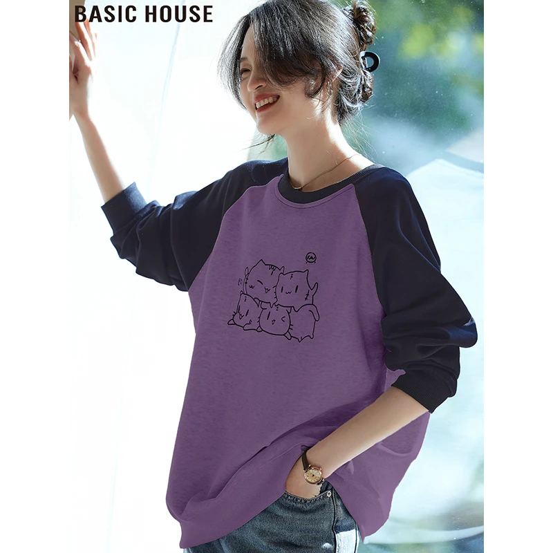 Basic House/百家好圆领oversize插肩卫衣女2025新款早秋韩系穿搭